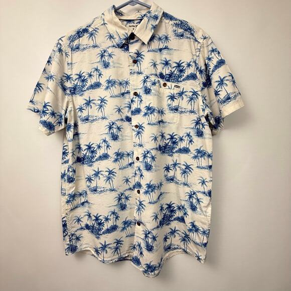 Hurley Blue Palm-tree print button collared front short sleeve shirt - Picture 1 of 16
